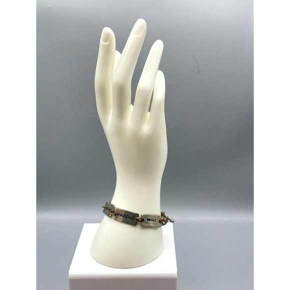 Vintage Two Tone Words Bracelet, Silver Tone and Brass Power Words Link Bangle - Picture 2 of 7